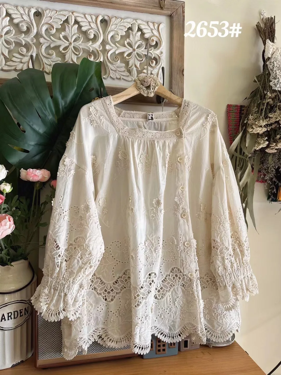 

Sweet Sle Cotton irt Embroidered Side Buttoned f Sve Square Collar Top Women's Loose Fit Summer Faion Ladies' Clo...