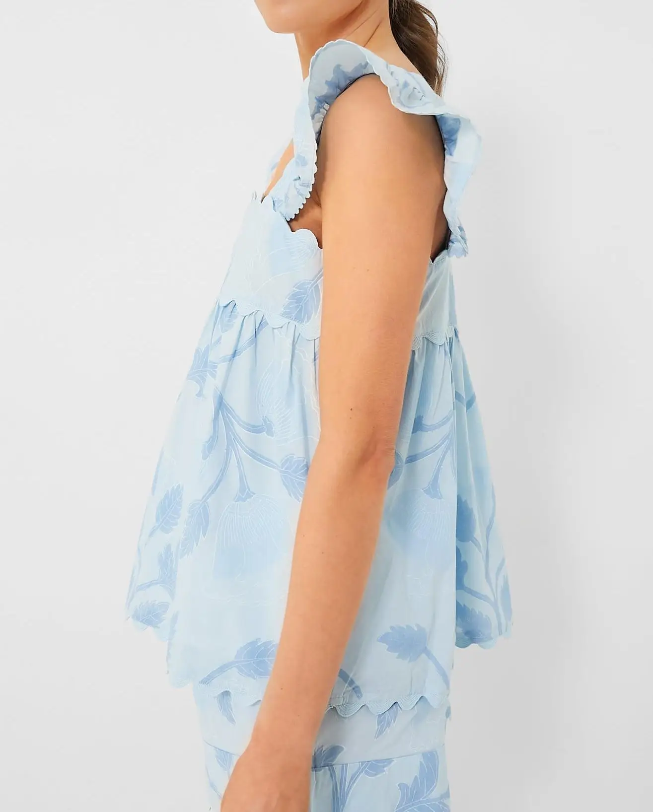 빈티지 2025 여름 반바지 세트 스카이 블루 여성 투피스 의상 스몰 플라잉 슬리브 프린트 탑 + 반바지 슈트 S M L