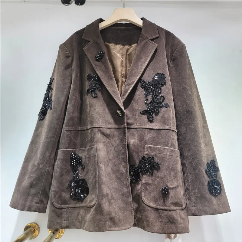 معاطف نسائية عصرية من الخرز الصناعي الثقيل من WTHT سترات عصرية بأكمام طويلة واحدة الصدر للسيدات لخريف 2025 1LS2381