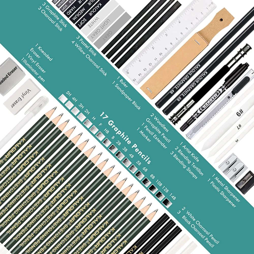 مجموعة أقلام رسم رسم مكونة من 54 قطعة من KALOUR مع كراسة رسم، تتضمن الجرافيت وأقلام الفحم وأدوات الفنانين والرسم الفني الاحترافي
