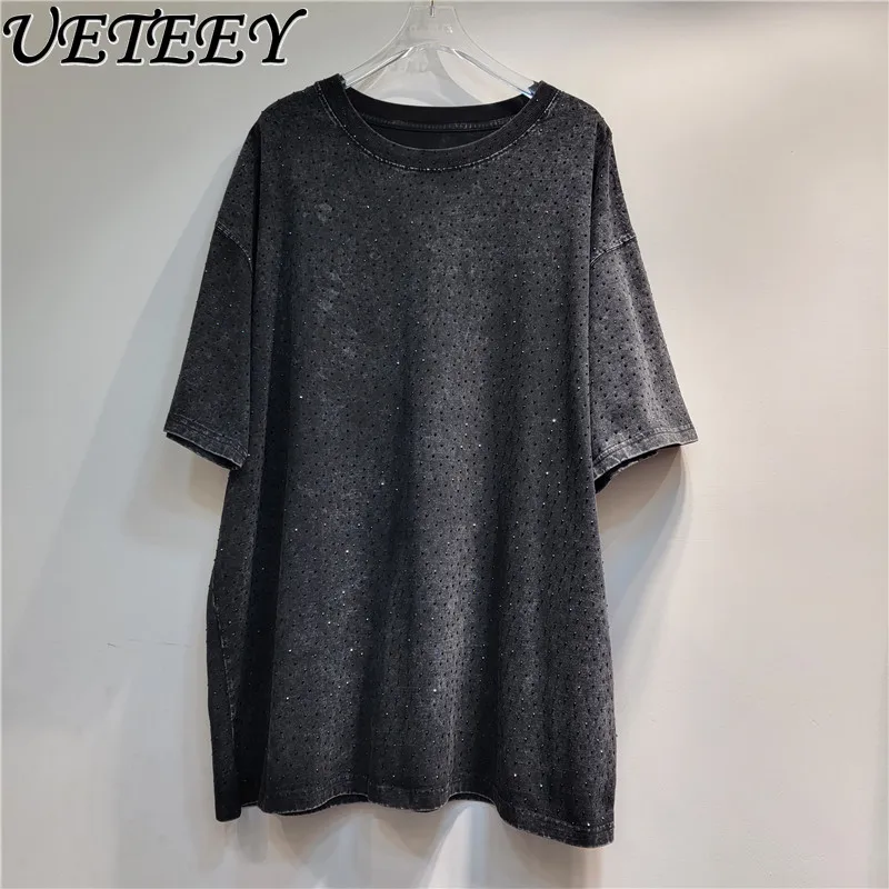 Retro Washing Old Medium and Long Heavy Industry Full Diamond Niche Short-sleeved T-shirt Women's Summer Loose Fashion Top