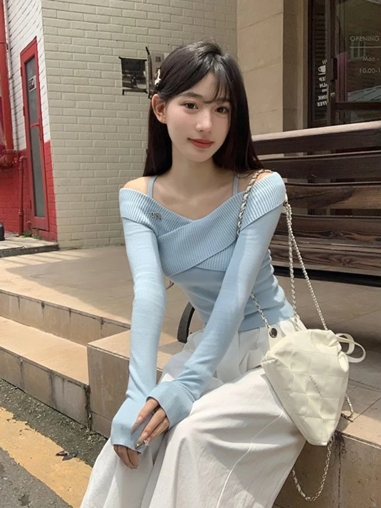 Japanische Elegante Sexy Off Schulter Neckholder Stricken Top Frauen Herbst Winter Neue Slim Fit Langarm Pullover Pullover Outfit