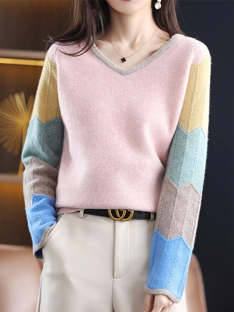 Fashion Patchwork Women Autumn Winter Sweaters Loose Knitted V Neck Pullovers Soft Warm Jumper Female Sweater Knitwear Tops