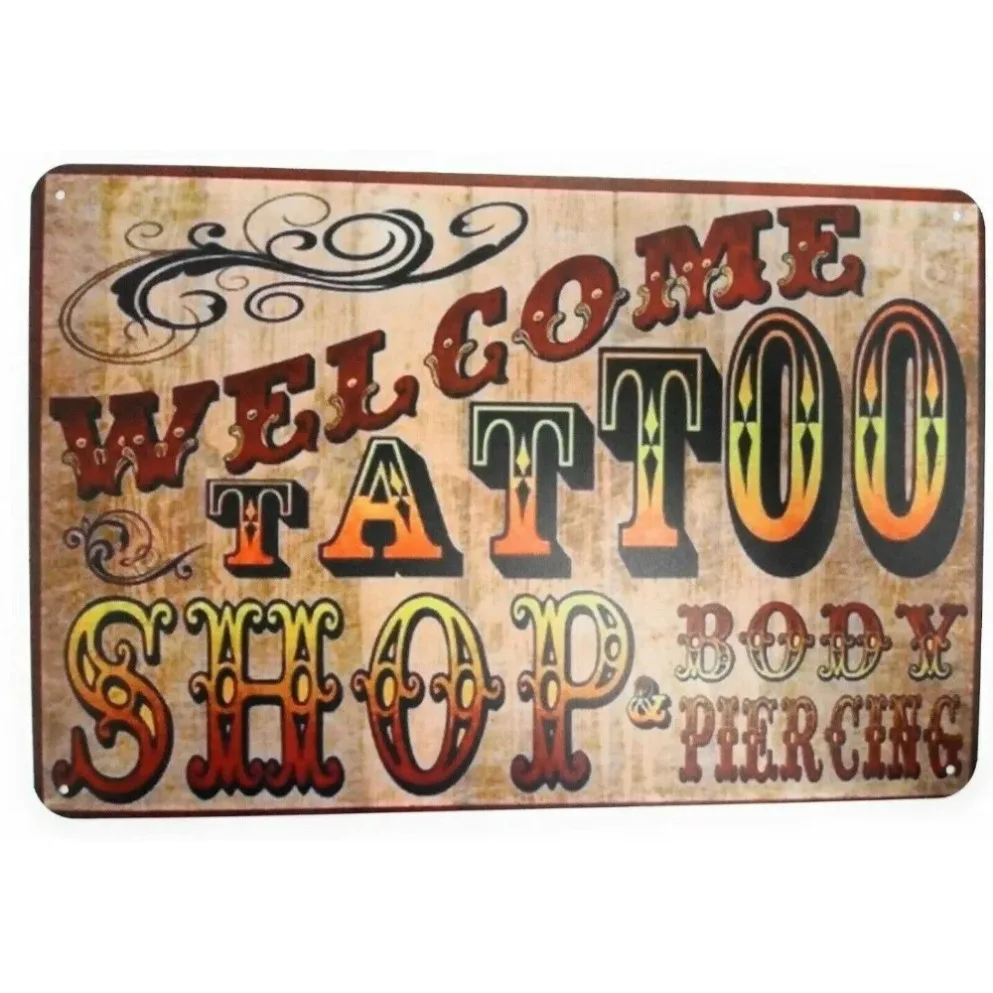 "Lône en étain de bienvenue pour magasin de tatouage et de perçage – Art mural rétro pour grottes et barres d'homme"