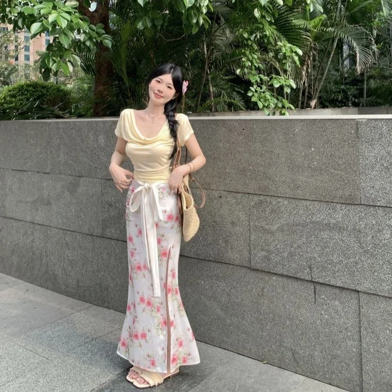 Long Women's Two Skirt Piece Set Maxi Chic and Elegant Clothing New Arrivals In The Same Vintage Luxury Designer Female Outfits