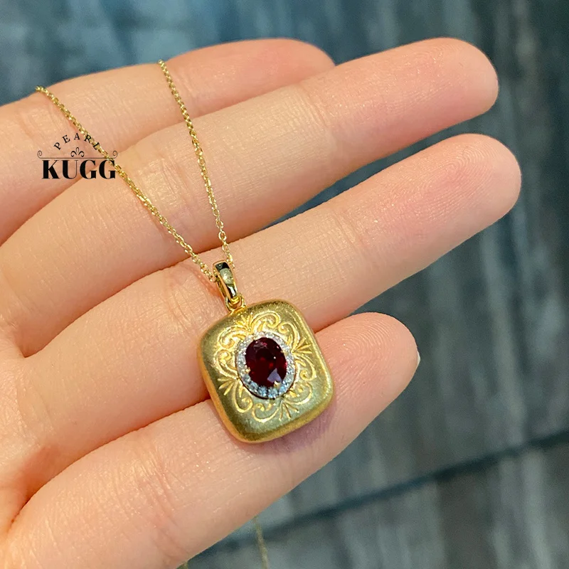

KUGG 100% 18K Yellow Gold Necklace Vintage Palace Style Shiny Diamond Natural Ruby Pendant Necklace for Women High Party Jewelry