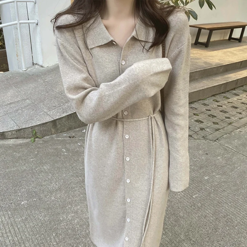 

Ladies Long Sweater Skirt Autumn And Winter Pure Color Knitted Knee Warm Dress Casual Temperament Sexy Knitted One-step Dress