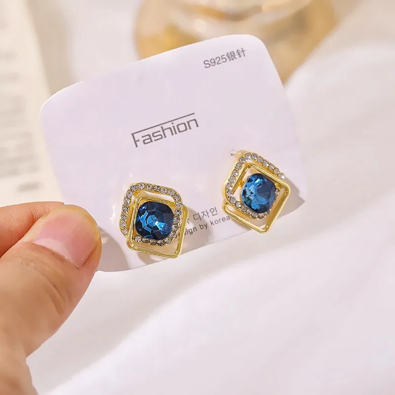 Double Square Blue Color Crystal Stud Earrings for Women Lovely Korean Geometry Temperament Brincos Wholesale Girl Gift