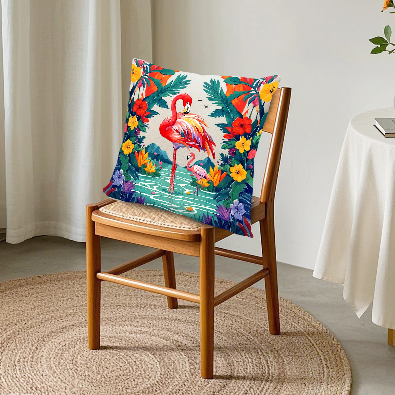 Pink Tropical Flamingo Linen Cushion Cover Hibiscus Flower Palm Leaf Throw Pillowcase Summer Nature Decor Living Room Sofa Patio