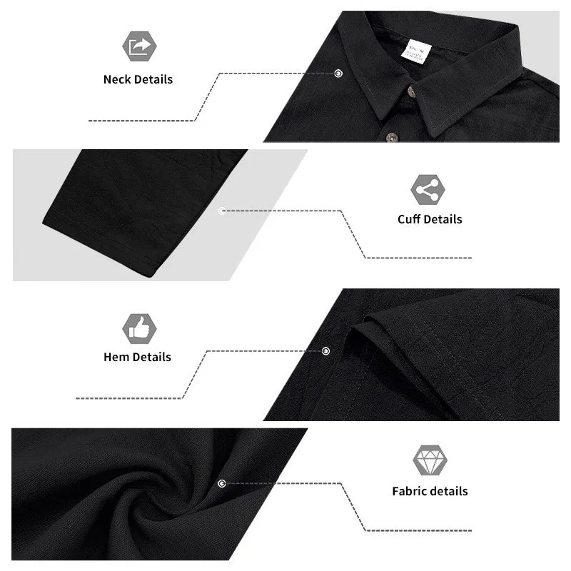 Leinen-Hemd mit Stehkragen und Knopfleiste, Herren Locker Sitzendes Atmungsaktives V-Ausschnitt Langarm-Polohemd – Detail 20