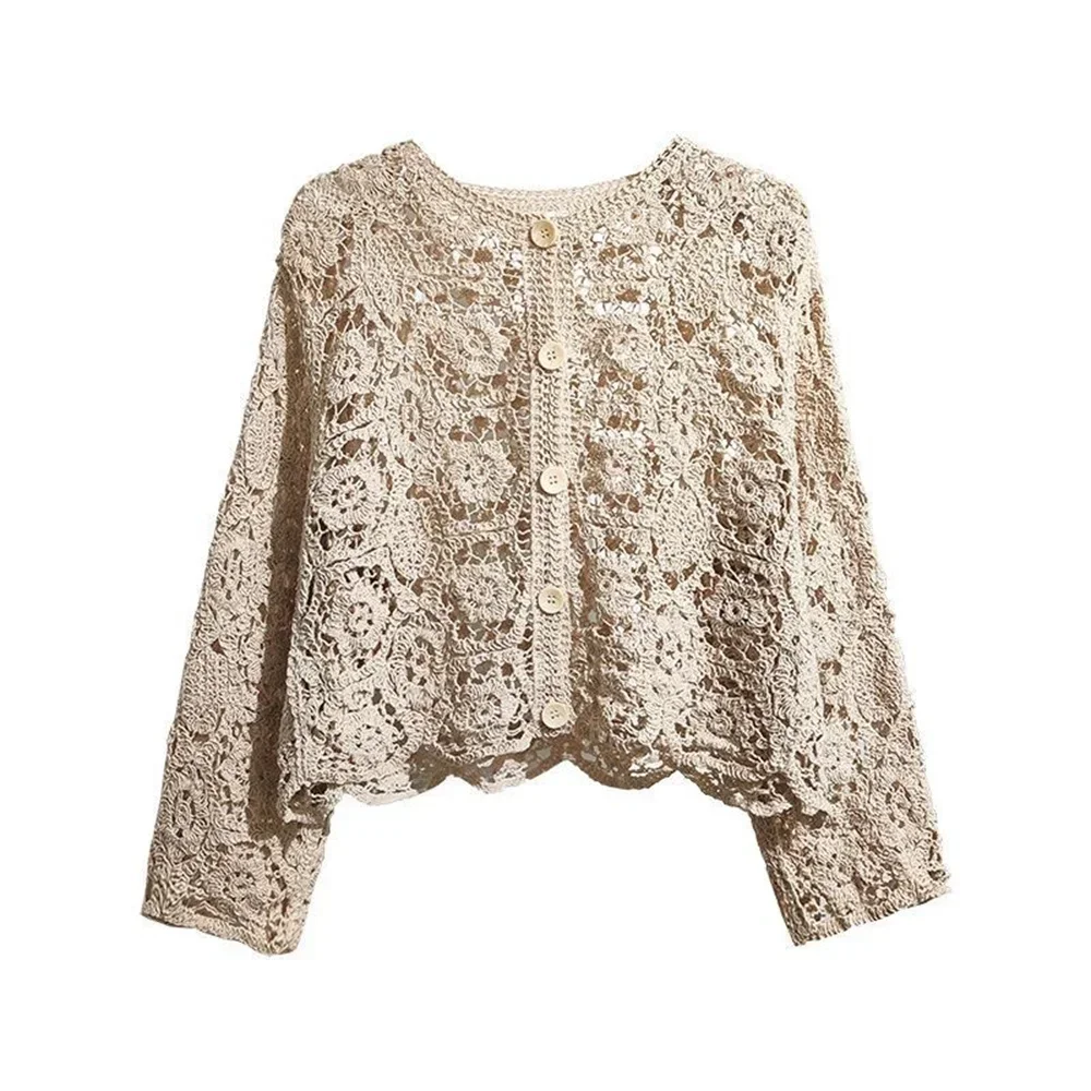 2024 spring and summer O neck long sleeve solid casual Hollow Cardigan Female Korean Lace Small Shawl Cotton Cardigan female