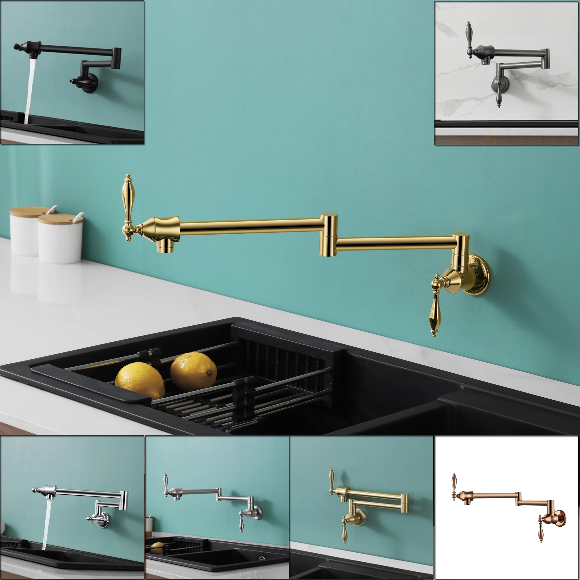 SKOWLL Pot Filler Kitchen Sink Faucet  Wall Mount Single Handle Folding Faucet , Titanium Gold MF-6070