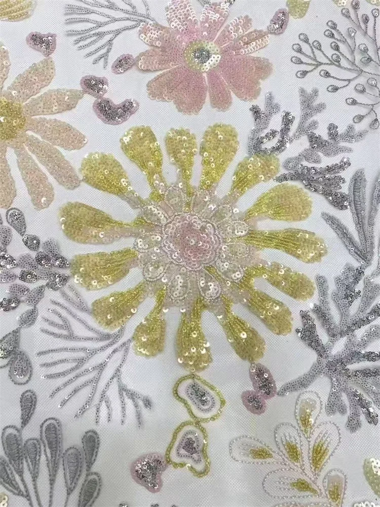 Colori 3D di lusso Tessuto di pizzo netto con ricamo floreale Tessuto di pizzo nigeriano con paillettes di alta qualità per tessuto da ballo per abiti da festa