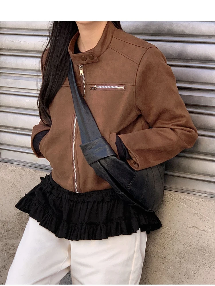 Women's ort Biker Jaet Suede Velvet Stand Collar Zipper Closure Long Sve Casual Sle Autumn Faion Ladies Coat