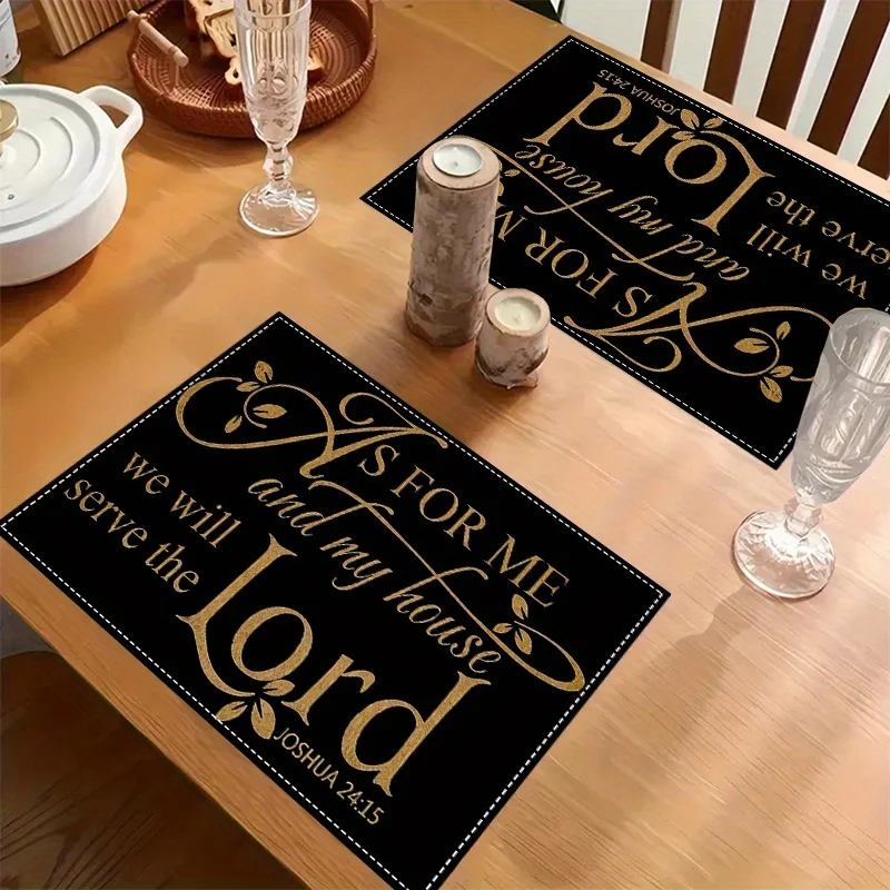 VIKAMA Inspirational Quote Placemats Black Gold Linen Table Mats Non-Slip Heat Resistant for Christian Kitchen Decor