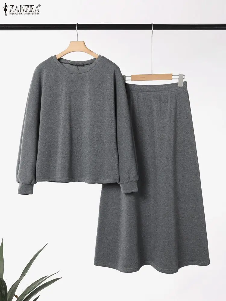 ZANZEA Women Autumn Pullover Sweatshirt and Elastic Waist A-Line Midi Skirt 2 Pieces Dress Sets Cozy Casual Solid Suits Outfits