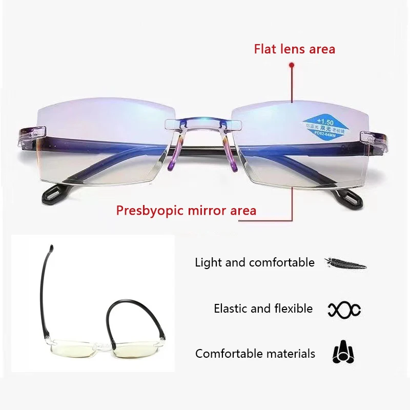 

Men Women Rimless Reading Glasses Anti Blue Light Bifocal Far Near Magnification Eyewear Presbyopic Glasses +150 +200