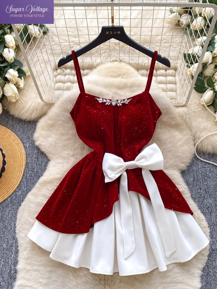 Franse elegante zoete feestjurk dames slanke pailletten boog cami mouwloze hoge taille een lijn mini-jurk verjaardagsfeestje chique outfit