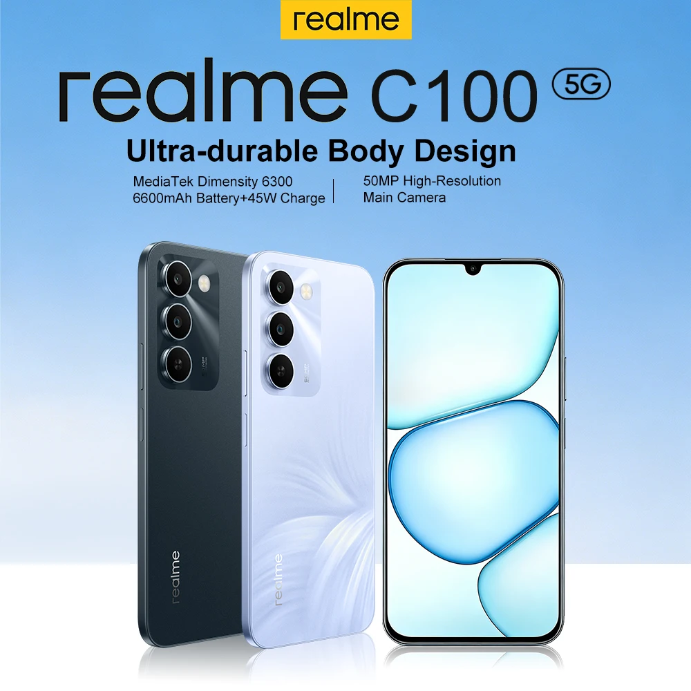 realme C100 5G Smartphone Versione Europea 2026 Nuova Anteprima Mondiale MediaTek Dimensity 6300 Display 6.8'' 144Hz Batteria 6600mAh Ricarica 45W Fotocamera 50MP