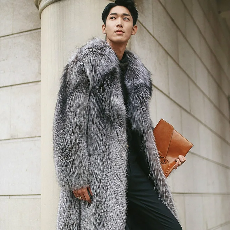 

Men Faux Fox Fur Coats Solid Long Overcoats Turn Down Collar Full Sleeves Open Stitch Loose Streetwear Casual 2025 Autumn Winter