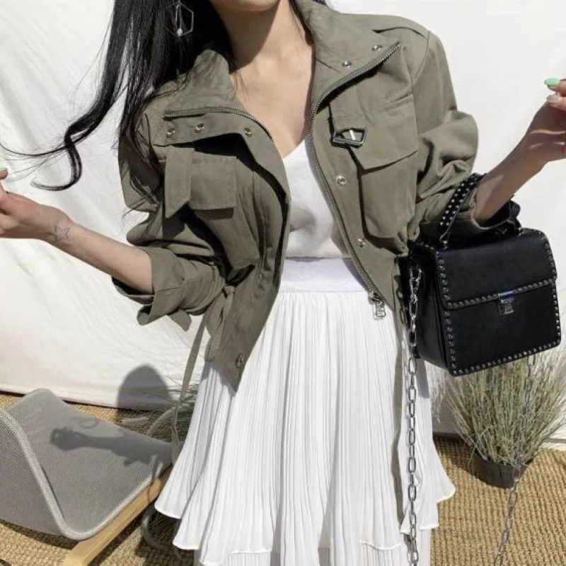 Korean Chic Safari Style Cool Cropped Jackets Women Zipper Fly Drawstring Design Short Coats Autumn 2024 New Fashion Outwears