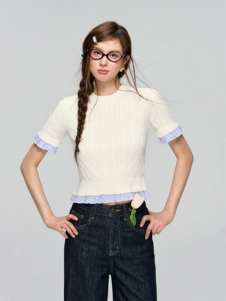 

Slimming Plaid Splice Knitted ort Sve Casual Contrast Color College Sle Versatile AsGony Top Women's Faion Spring