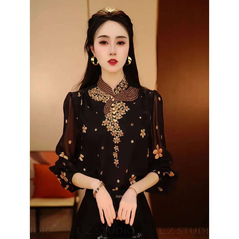 

Elegant Unique Print Stand Collar Long Sleeve Blouse Shirts Women Clothes Top