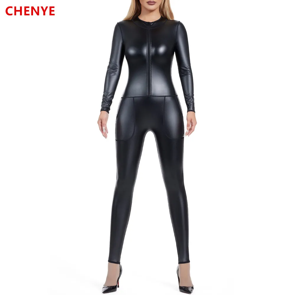 Bezszwowe body damskie metaliczny zamek błyskawiczny z przodu Mock Neck Catsuit czopiarki kostium klub nocny taniec bielizna modelująca seksowny kombinezon z kieszenią
