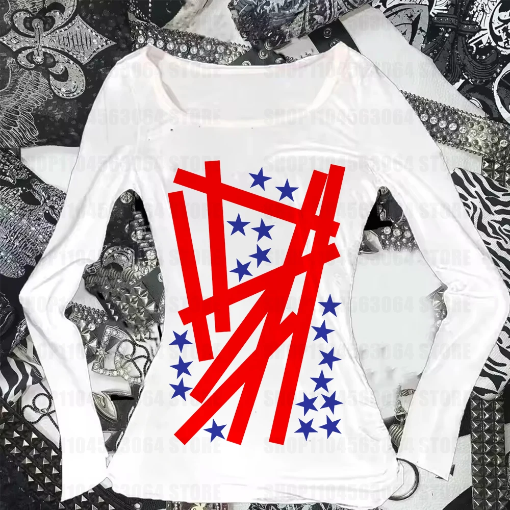 

2000s punk women's retro pattern T-shirt sexy streetwear Emo girls Y2k style top star pattern printed long sleeved T-shirt