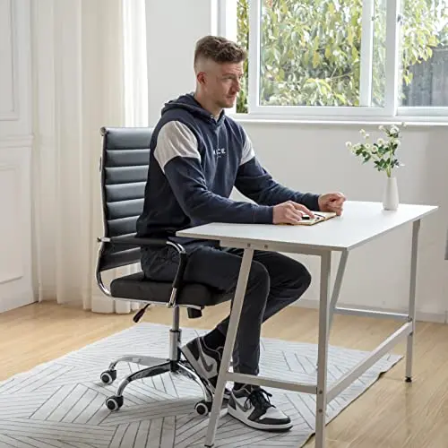 Ergonomic Office Desk Chair, Modern PU Leather Conference Room Table Chairs Ribbed, High Back Executive Swivel Rolling