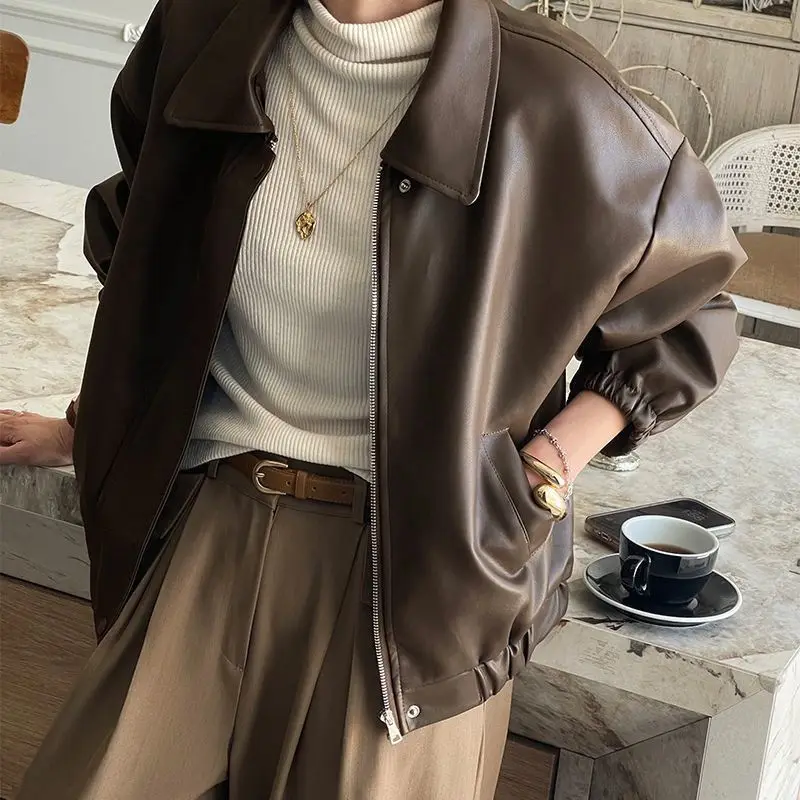 

Premium sense PU leather zipper short locomotive jacket jacket women's 2025 winter new retro small top