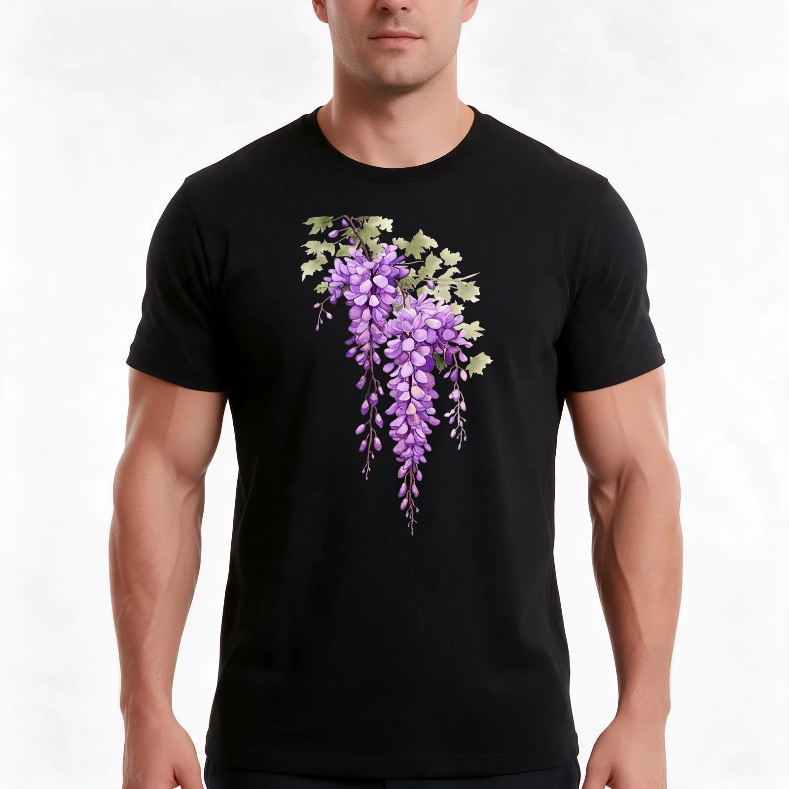purple wisteria aquarelle painting, cutout T-Shirt, Summer Casual Cotton Tee, Oversized Streetwear Tops, Vintage Graphic Print