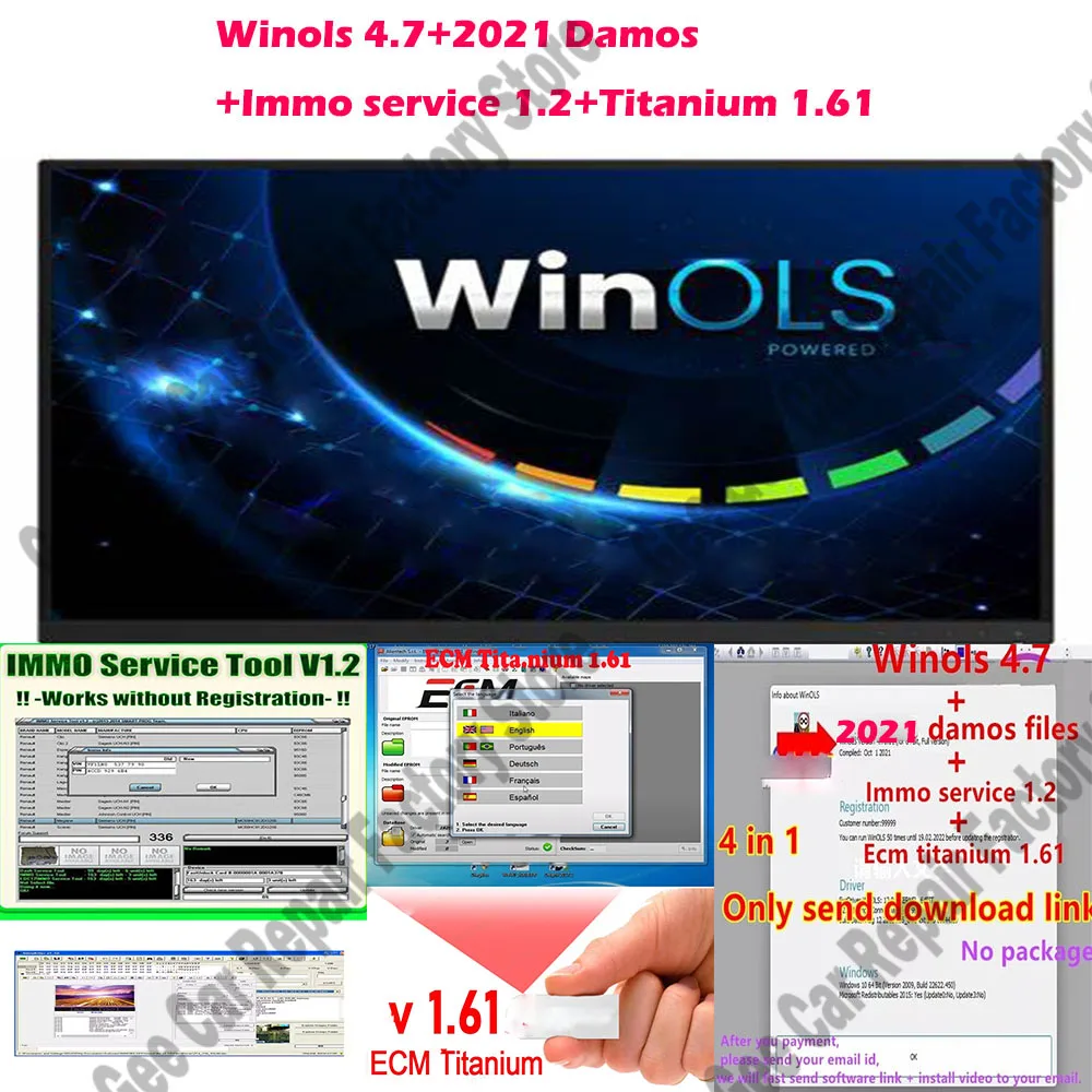 Winols 4.7 obd2 scanner Software + ECM TITANIUM 1.61 with 26100 ECU Programming Tool + 2021 Damos Files + Immo Service Tool V1.2