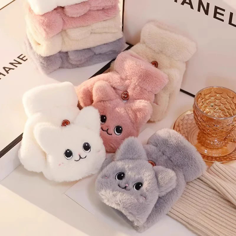 

1Pair Cute Plush Mittens Soft Fingerless Gloves Winter Warm Thick Gloves Flip Half Finger Driving Gloves For Women Girl