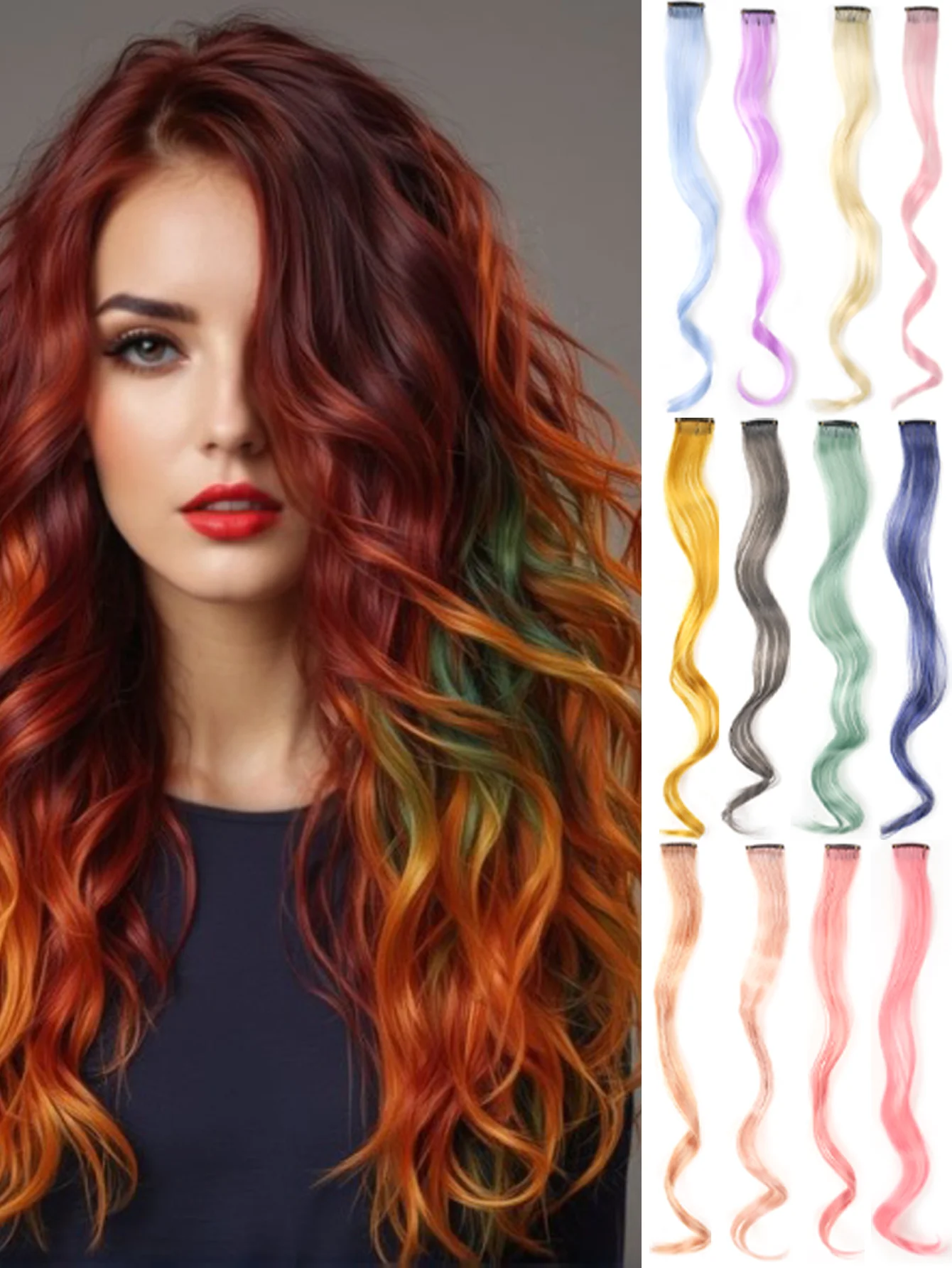 20 Inch Colourful Curly Wavy Party Highlights Clip in Synthetic Hairpieces 8 Pack Curly Colored Hair Extensions for Women