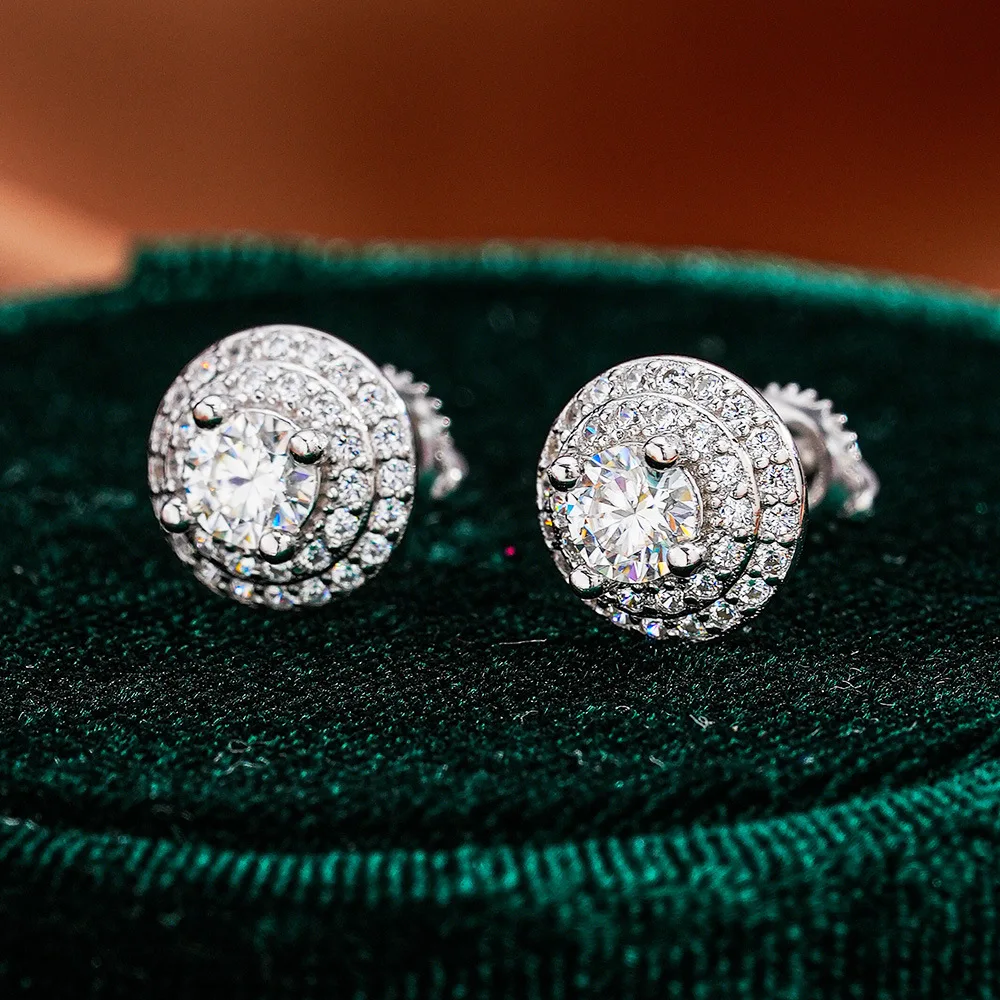 Lumira Platinum PT950 Adorable Round Moissanite Stud Earrings Double-Layer Lavishly Set Unisex 18K Gold Ear Jewelry