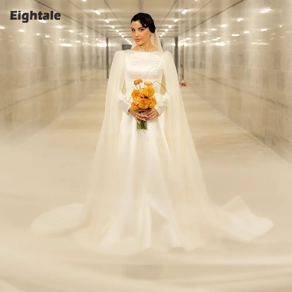 

Eightale арабское свадебное платье с круглым вырезом на заказ цвета слоновой кости, атласное мусульманское свадебное платье с длинными рукавами, вечернее платье трапециевидной формы для невесты