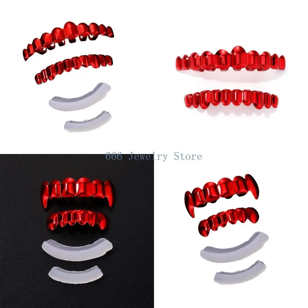 F2TD Red Metallic Costume Tooth Cover Set with Upper and Lower Pieces, Fitting Bars Included for Cosplay Party Looks