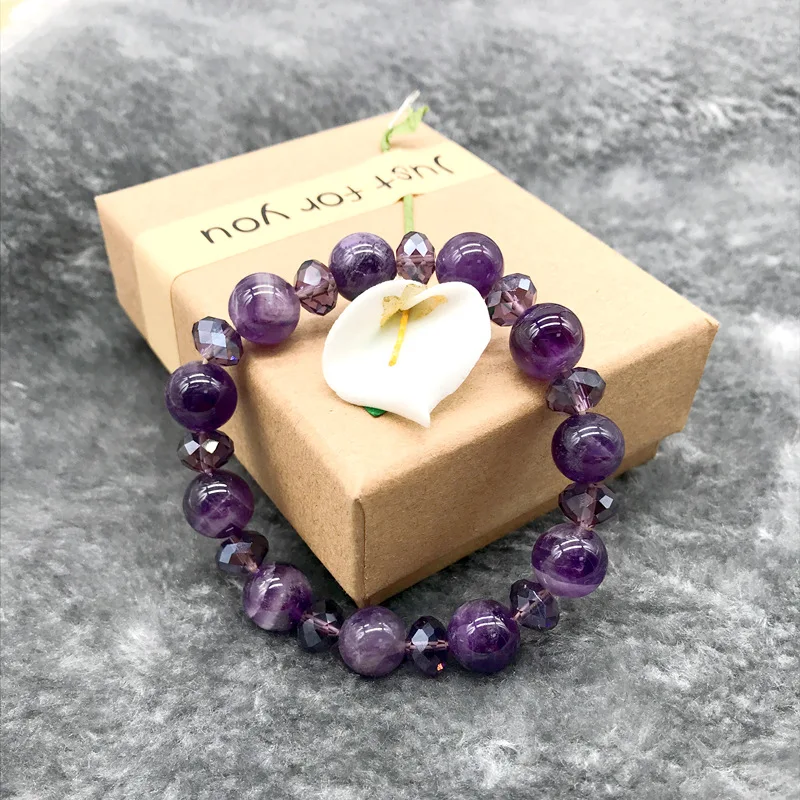 New In Women Bracelets Good Quality Natural  Amethysts Quartz Purple Stone Round Bead Lastic Bracelet