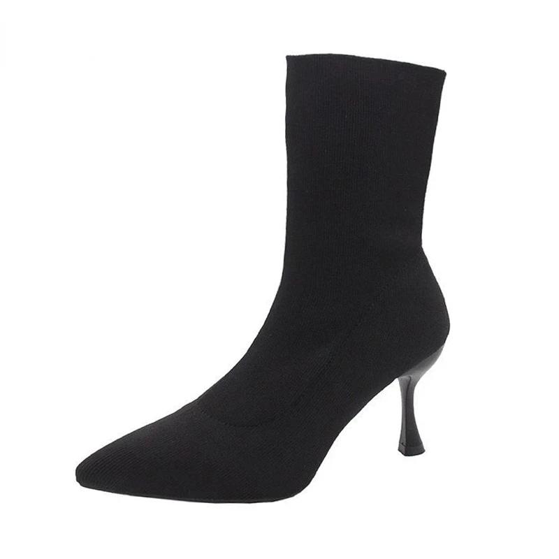 9cm 7cm 5cm Stretch Fabric Socks Boots Women Black Shoes Elegant Pointed Toe Knitting Elastic Ankle Boots for Women