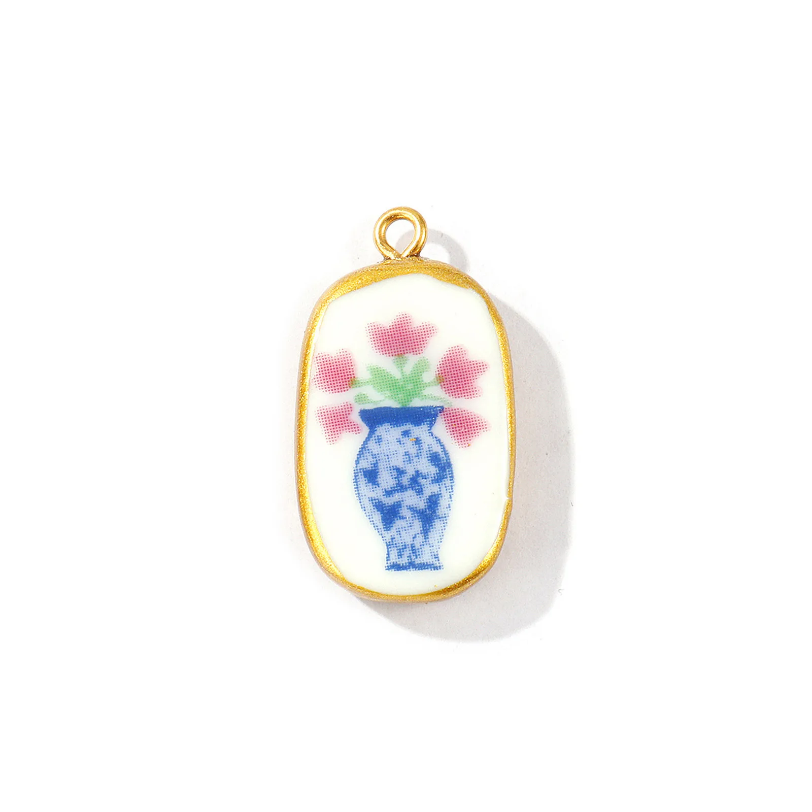 2 Pcs Oval Printed Ceramic Charms Pendants Cherry Flower 304 Stainless Steel 18K Gold Plated For DIY Necklace Making 3cm X 1.6cm