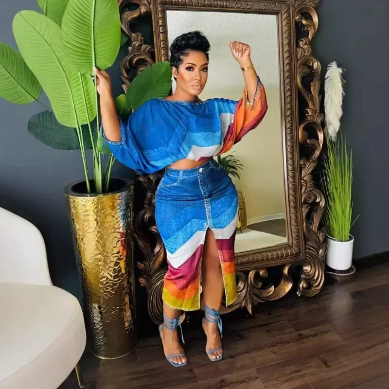 

KEXU Сексуальное клубное вечернее платье с принтом Женский комплект из двух предметов с разрезом на шее и рукавами «летучая мышь» Укороченный топ и юбка-миди Одинаковые комплекты