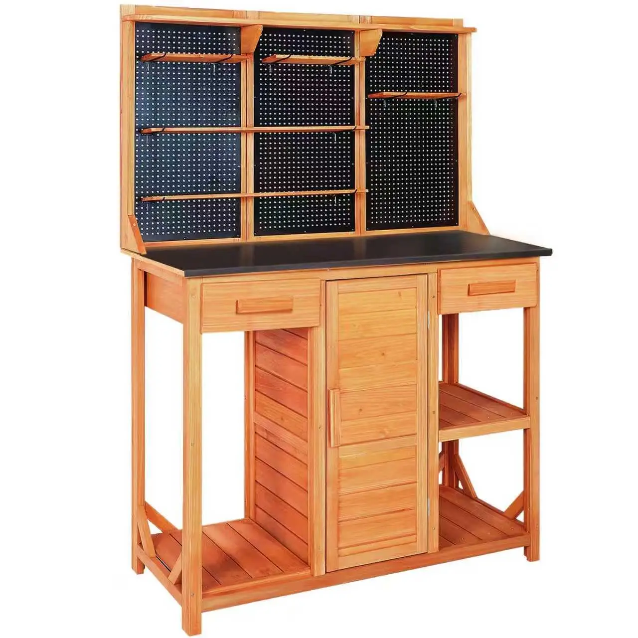 Wooden Potting Bench with Drawer, Cabinet, Pegboard, Hooks & Shelves for Garden Patio Backyard, Customized