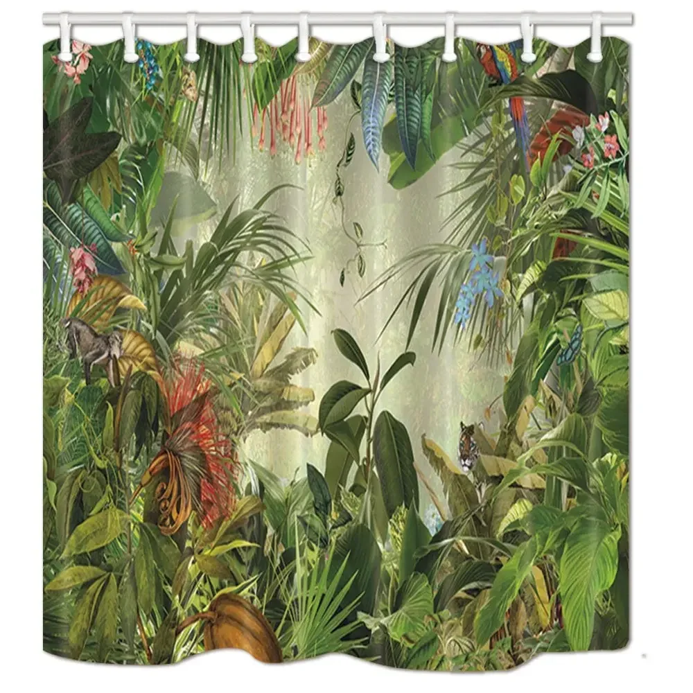 Rainforest Animal Shower Curtain Tropical Jungle Forest Elephant Lion Flamingo Giraffe Zebra Monkey Wildlife Zoo Batroom Curtain