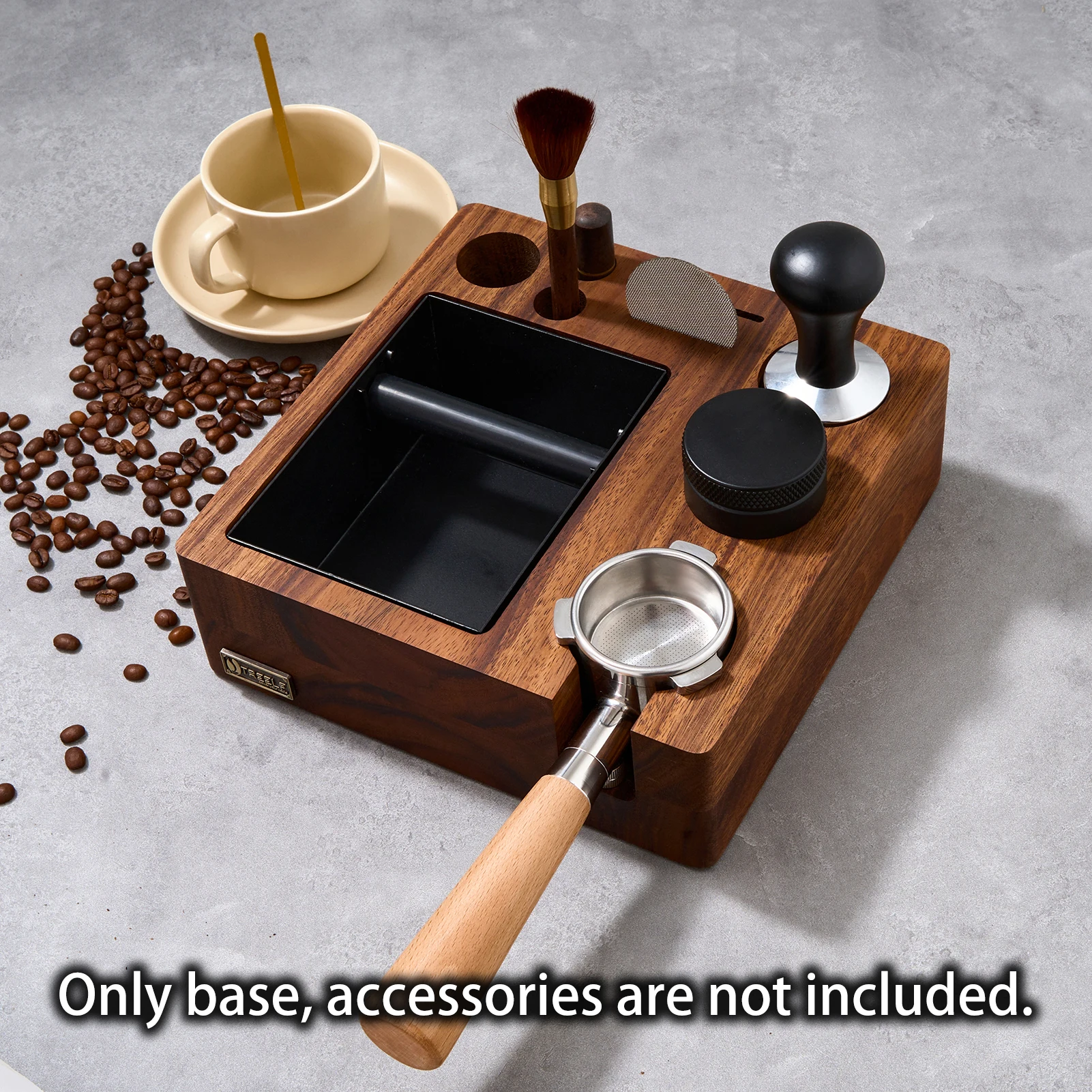 3 IN 1 Espresso Knock Box and Tamping Station 51/54MM Coffee Anti-pressure Pad Stand Walnut Wooden Coffee Organizer with Holder