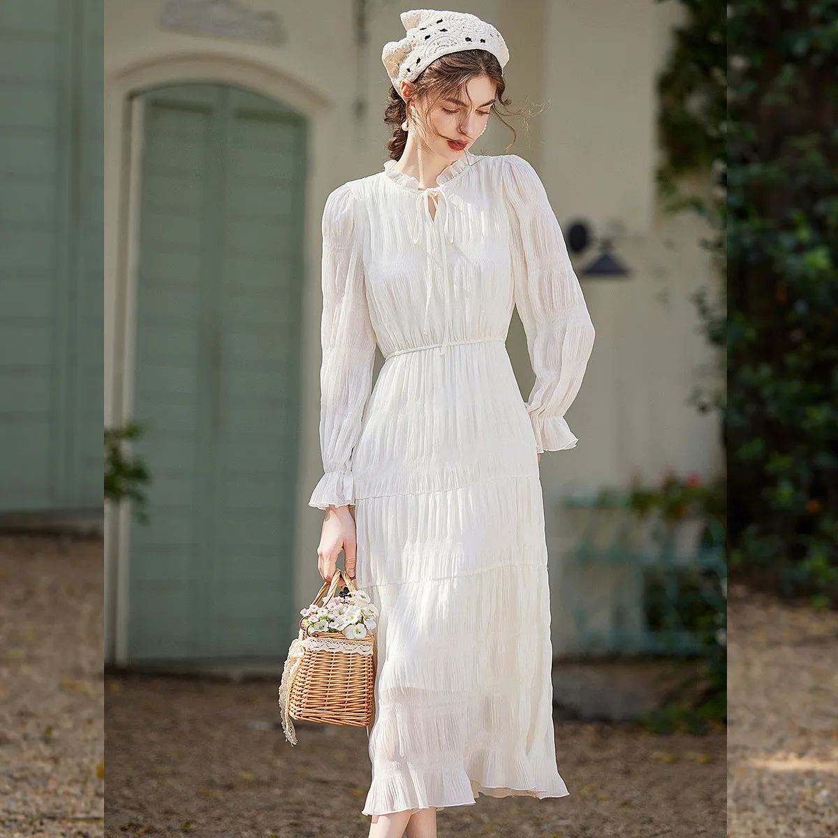 LOUISYAO Tie V-Neck Solid Color Dress 2025 Spring Autumn Women Elegant Sweet Long Sleeve Midi Maxi Dress