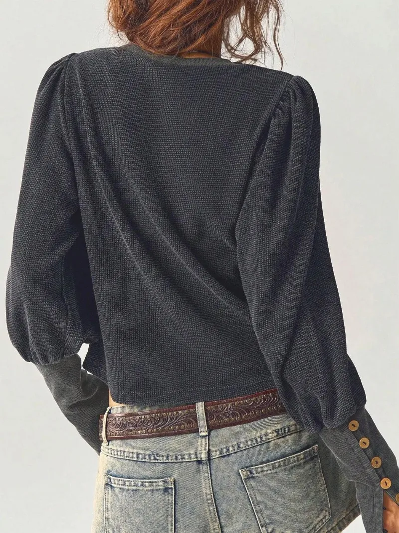 Women Autumn Winter Waffle Knit Sweatshirt Solid Long Sleeve Button Cuff Cropped Top Vintage Loose Casual Warm Pullover Blouse