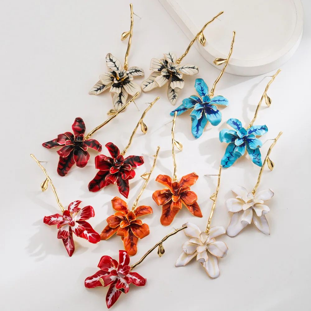 New temperament exaggerated long flower decorative stem earrings light luxury high sense S925 silver needle earrings women