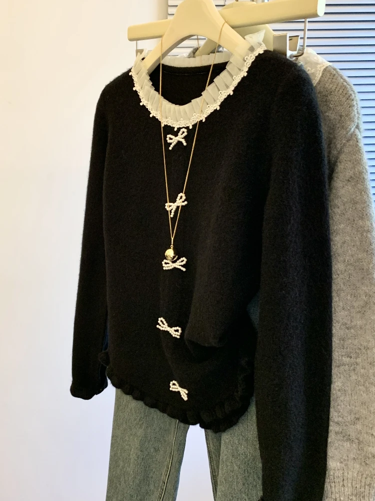 سترة المرأة الكورية نمط الدانتيل س الرقبة كل مباراة الخريف الشتاء القوس الديكور تصميم تريكو عادية حلوة جميلة الفتيات Ulzzang