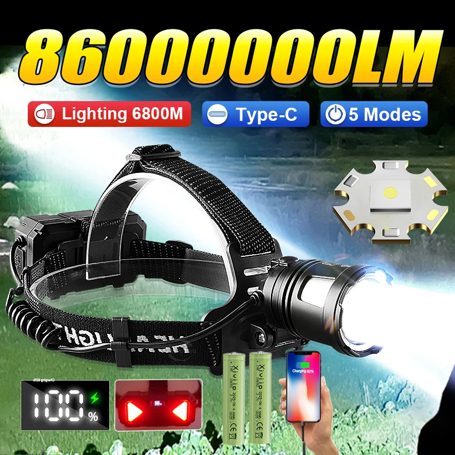 

86000000LM НОВЫЙ ультра яркий светодиодный фонарь, перезаряжаемый налобный фонарь, уличный рабочий налобный фонарь, водостойкий налобный фонарь с зумом для кемпинга